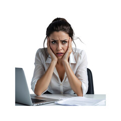 Stressed Businesswoman at Desk with Laptop and Documents