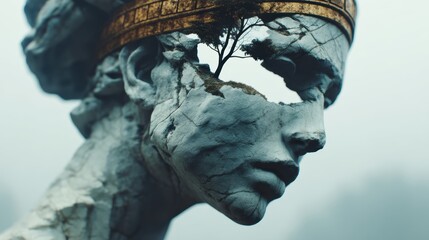 A cracked stone sculpture of a human face with a crown-like band cracked to reveal a bare tree growing inside the head against a blurred natural background.