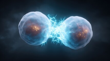 Two glowing cells splitting with electric discharge