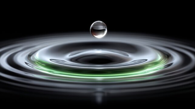 Water droplet falling into dark reflective surface creating circular ripples with subtle green glow and smooth waves in close-up macro photography style