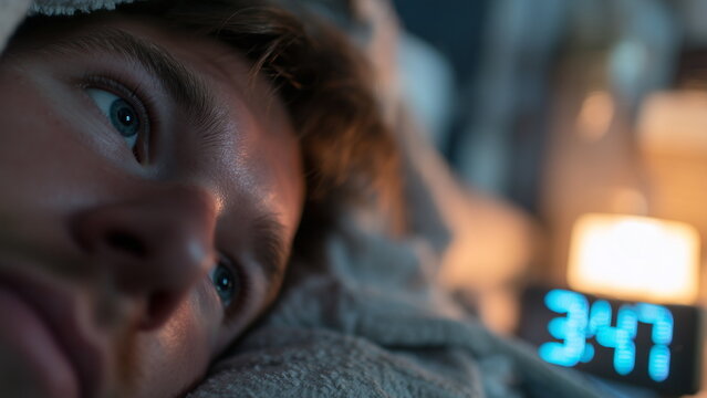 A person with insomnia lying in bed wide awake at night, eyes open and staring at the ceiling, with dim blue light from a digital clock glowing.