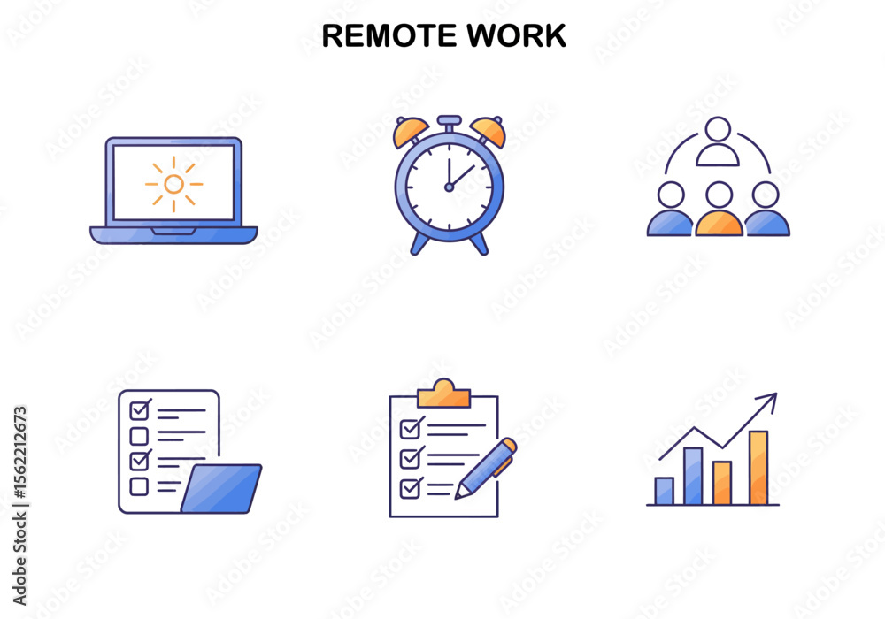 Aufkleber visual representation of remote work concepts including a laptop alarm clock teamwork document manag