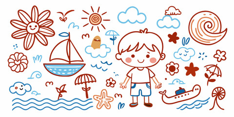 Cute cartoon boy and summer beach elements in a playful doodle style