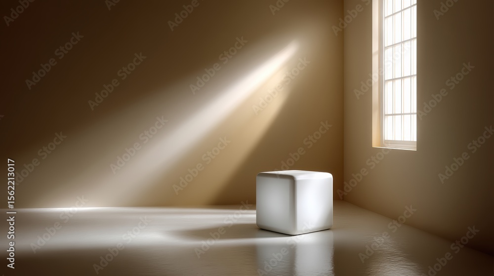 Poster white cube sitting on reflective floor inside dimly lit empty room with soft natural light beams com