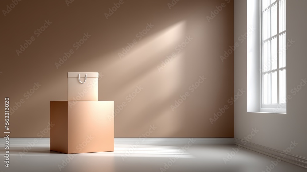Poster minima empty room with soft sunlight streaming through large window casting shadows on beige walls a