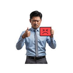 Sarcastic Businessman Showing Thumbs Up While Holding a Negative Feedback Tablet