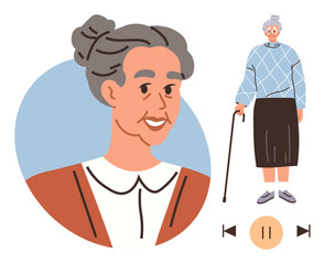 Elderly woman smiling, close-up portrait and full figure with cane. Ideal for aging, wisdom, care, senior health, independence, family support-related themes. Simple flat metaphor