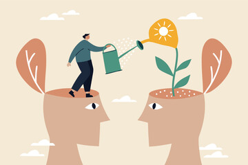 Self improvement, personal development or growth mindset, motivation to grow and achieve career success, learning new skill or knowledge concept, businessman watering plant growing from his self head.