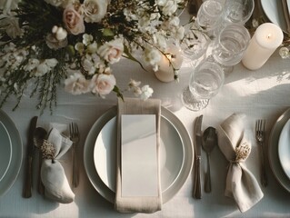 Rustic wedding table with olive branch napkin and blank menu card – top view mockup