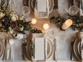 Rustic wedding table with olive branch napkin and blank menu card – top view mockup