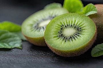 Fresh Kiwi Fruit with Slices on Dark Surface