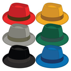 Collection of six colorful fedora hats arranged in a grid pattern
