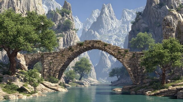 Mountain gorge, ancient arch bridge over tranquil river. Lush greenery surrounds the scene