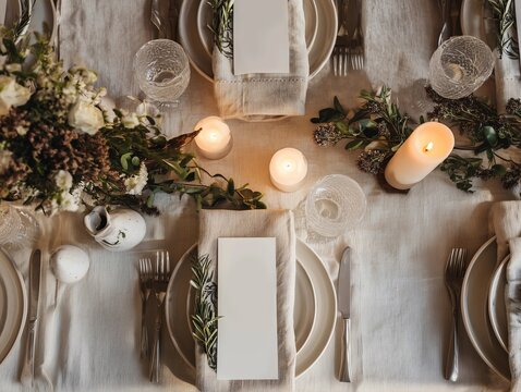 Rustic wedding table with olive branch napkin and blank menu card &ndash; top view mockup