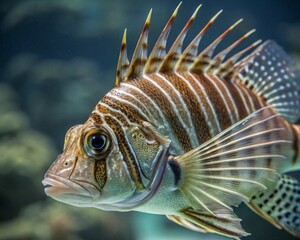 A vibrant lionfish, a poisonous tropical marine animal, swims gracefully in an underwater aquarium with coral reef