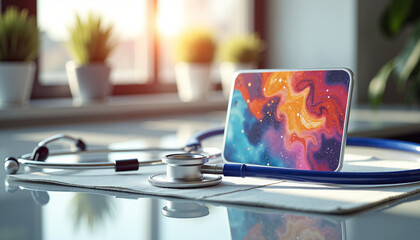 Doctor’s badge closeup with colorful abstract design and stethoscope