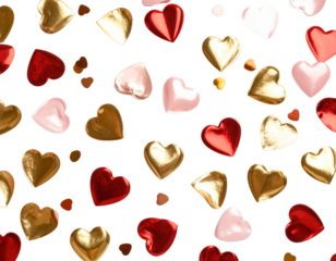 Metallic Heart-Shaped Confetti in Gold, Pink, and Red – Flat Lay Transparent Background PNG