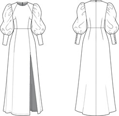  Elegant Puff Sleeve Maxi Dress Technical Flat Sketch: Women's Fashion Apparel Design Template with Front Slit and Back View