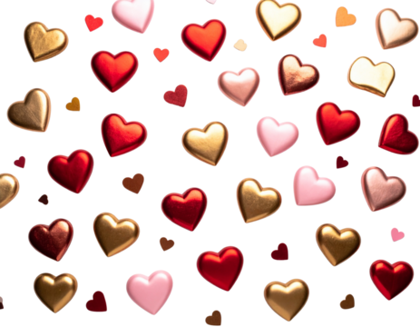 Metallic Heart-Shaped Confetti in Gold, Pink, and Red – Flat Lay Transparent Background PNG - Powered by Adobe