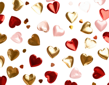 Metallic Heart-Shaped Confetti in Gold, Pink, and Red – Flat Lay Transparent Background PNG