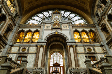 looking up of the inside entrance of central station in Antwerp, Belgium, architecture, tourism