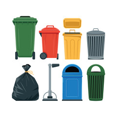 Collection of colorful and modern trash cans and garbage bags for waste management