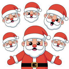 Collection of cute cartoon santa claus faces and full body illustration