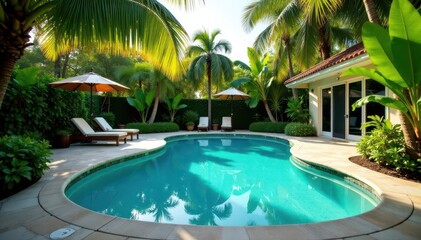 Lush tropical foliage frames a sparkling Florida pool , luxury, blue