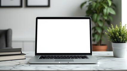 Fototapeta premium Flat Lay Laptop with Blank Website Mockup on Marble Desk