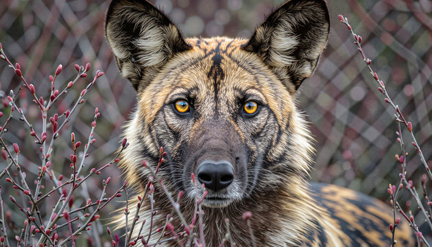Close-up of a wild dog with intense amber eyes and black-and-rust fur, framed by branches with pink buds. A vivid and alert animal portrait from the "Whispers in the Branches" collection - Powered by Adobe