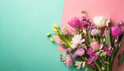 Holiday concept with bouquet of spring flowers on pastel vintage background. Easter composit.jpg