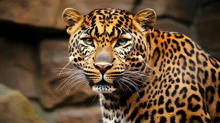 Obraz premium Close-up of a leopard, exhibiting a powerful and alert gaze. Its distinctive spotted coat and sharp features are prominent against a backdrop of weathered rocks
