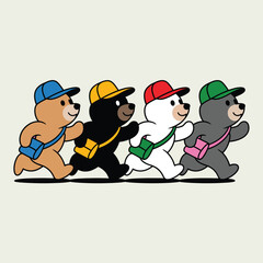 Four cartoon bears of different colors wearing baseball caps and carrying messenger bags