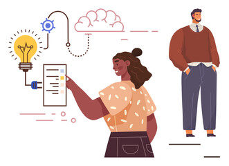 Woman checks a task list connected with lightbulb, gear, and cloud representing innovation and planning. Man stands nearby symbolizing teamwork or leadership. Ideal for planning, teamwork