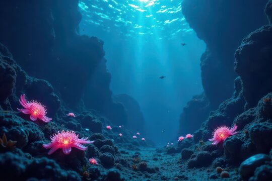 Mysterious deep sea scene with bioluminescent creatures , hadal zone, glowing
