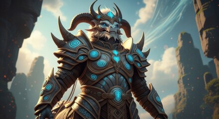 Majestic Dragon Warrior Adorned in Ornate Armor with Glowing Blue Gems in a Fantastical Mountain Landscape