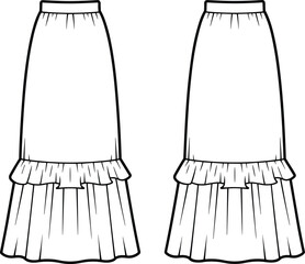 Fashion Flat Sketch of Tiered Ruffle Maxi Skirt – Front and Back Technical Drawing for Apparel Design
