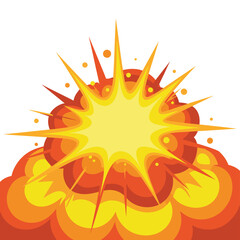 Bright yellow and orange explosion burst with sharp rays and smoke clouds