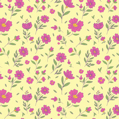 Seamless floral pattern with pink hand drawn summer flowers and green leaves on soft yellow background for fabric textile and wallpaper.