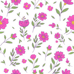 Seamless floral pattern with pink hand drawn summer flowers and green leaves on transparent background for fabric textile and wallpaper.