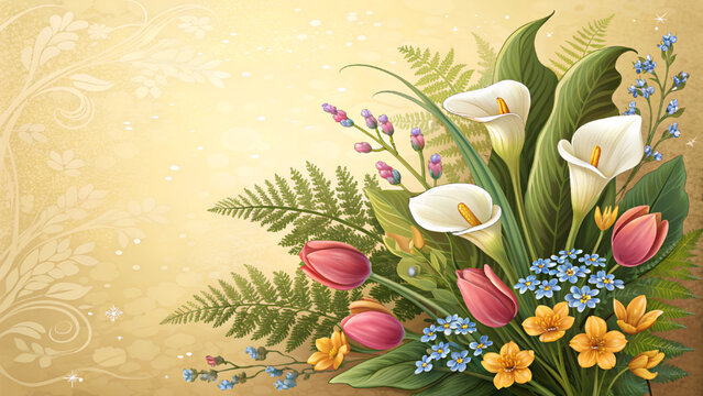 Digital illustration of a colorful floral arrangement with tulips and calla lilies. With space for text. For a backdrop or greeting card or business card.