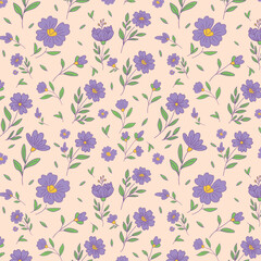 Elegant seamless summer pattern with purple flowers and leafy branches on pastel peach background for fashion fabric and interior decor.