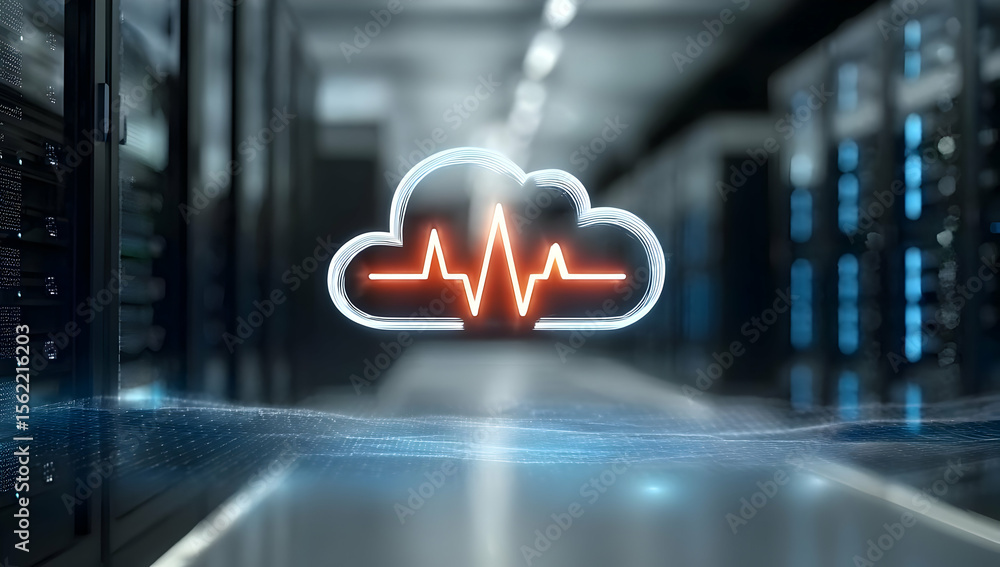 Poster a modern cloud computing concept illustration showcasing a heartbeat signal in a data center environ