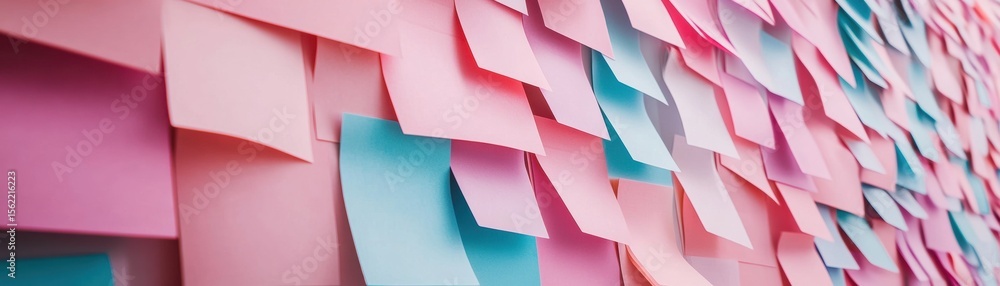 Poster a wall covered with overlapping pink and blue sticky notes, creating a colorful and textured pattern