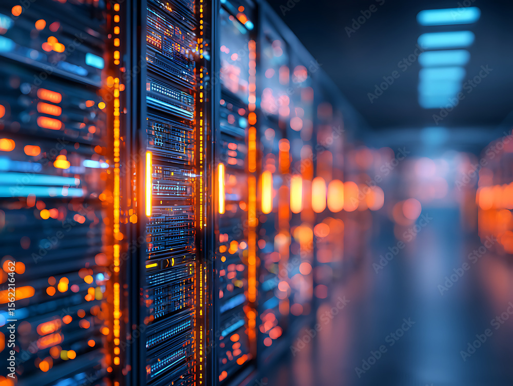 Poster information traveling through the data center storage in blue and orange colors. cloud computer syst