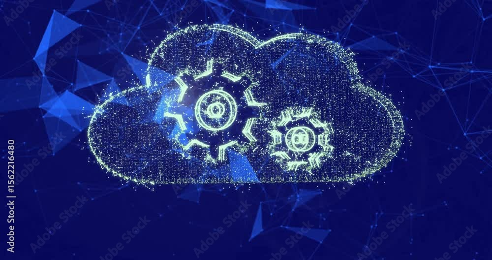 Poster scattered glowing nodes coalescing into column, diffusing into particles sculpting cloud gear icon