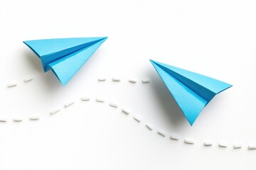 Two blue paper airplanes flying on a white background with a dashed line path showing their direction.