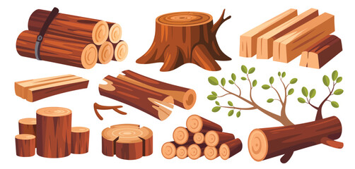 Collection of various wood elements including logs lumber stump and branches