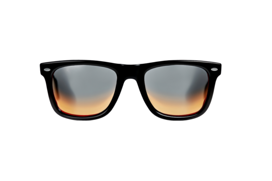 Classic black sunglasses with gradient orange lenses isolated on transparent background