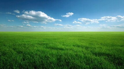 Obraz premium The expansive green field under a bright blue sky with fluffy clouds